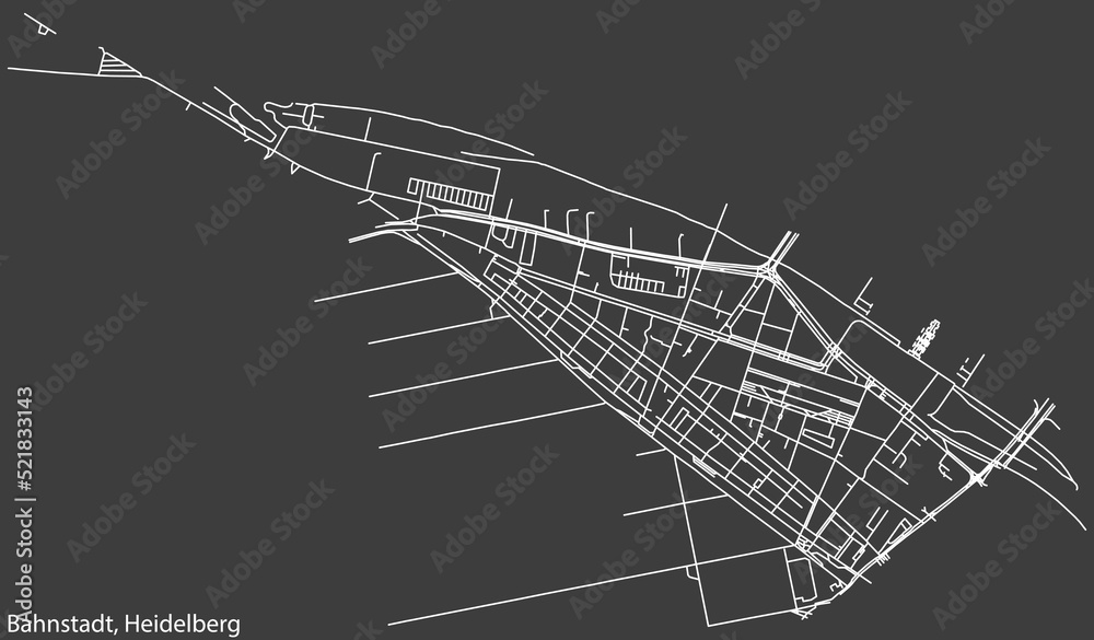 Detailed negative navigation white lines urban street roads map of the BAHNSTADT DISTRICT of the German regional capital city of Heidelberg, Germany on dark gray background Detailed negative navigation white lines urban street roads map of the BAHNSTADT DISTRICT of the German regional capital city of Heidelberg, Germany on dark gray background