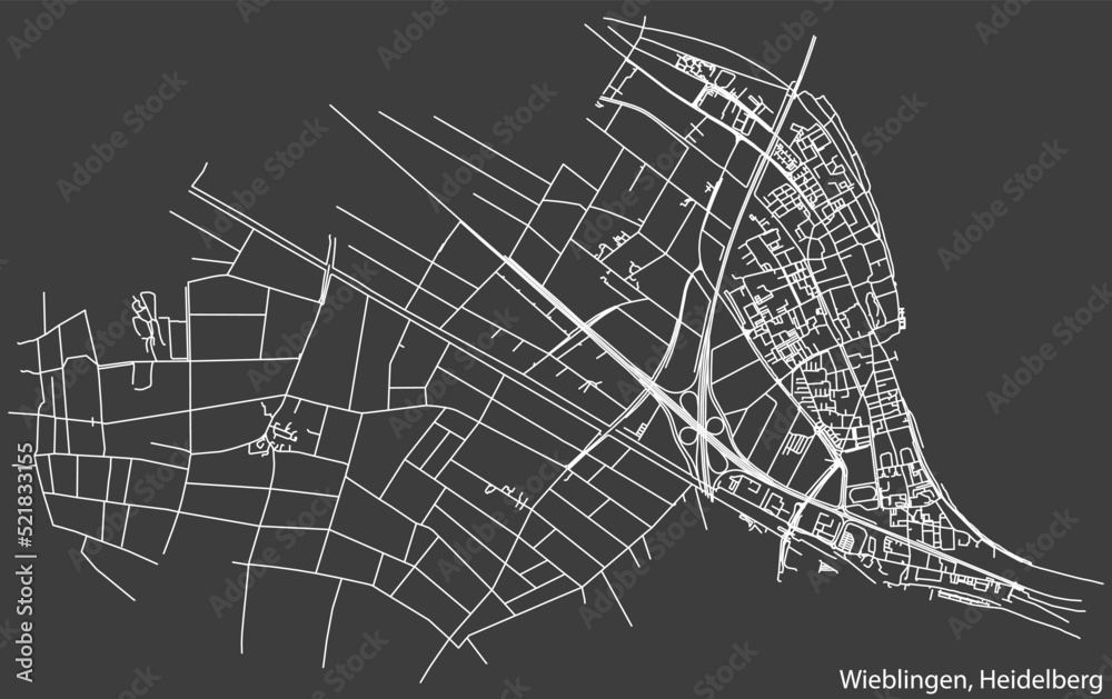 Detailed negative navigation white lines urban street roads map of the WIEBLINGEN DISTRICT of the German regional capital city of Heidelberg, Germany on dark gray background