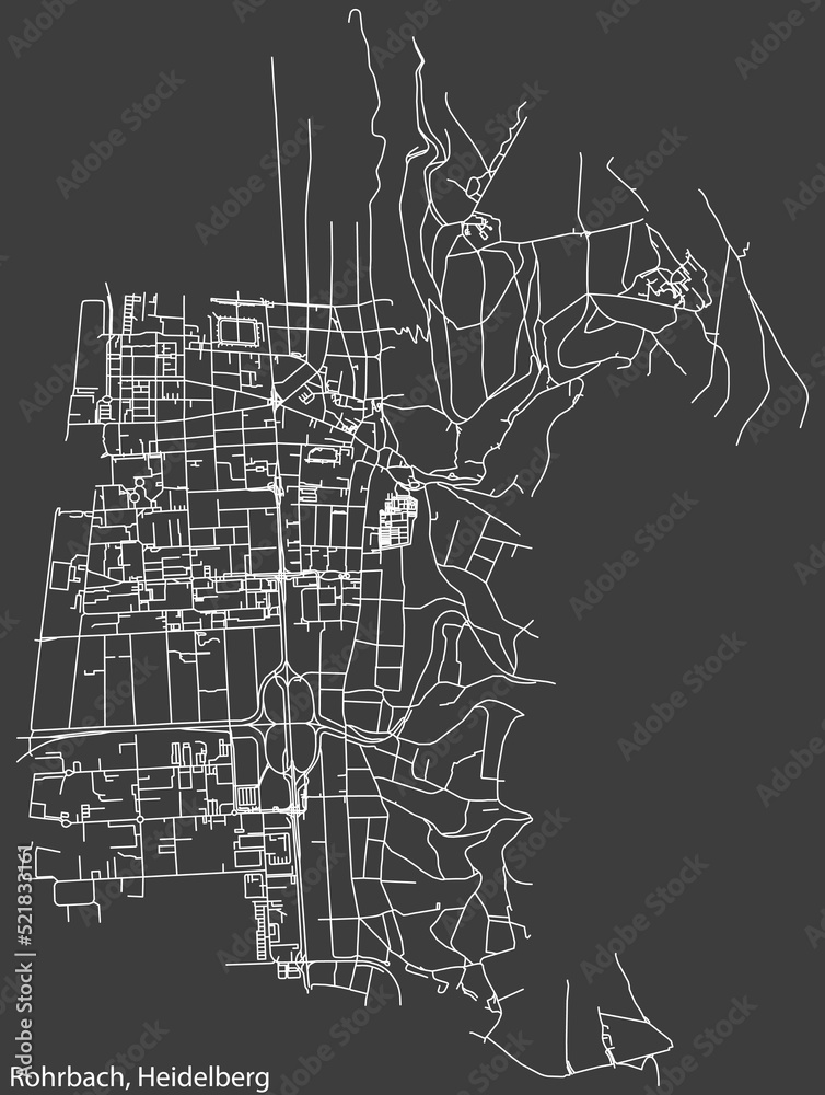 Detailed negative navigation white lines urban street roads map of the ROHRBACH DISTRICT of the German regional capital city of Heidelberg, Germany on dark gray background