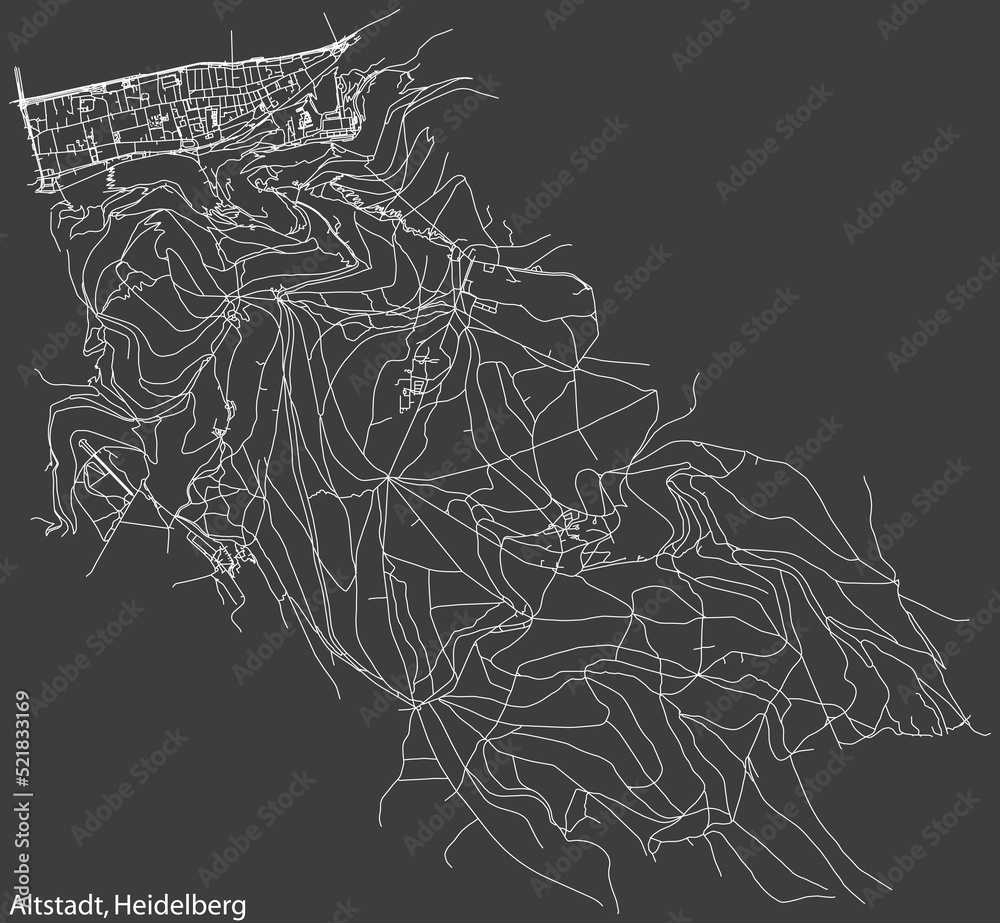 Detailed negative navigation white lines urban street roads map of the ALTSTADT DISTRICT of the German regional capital city of Heidelberg, Germany on dark gray background