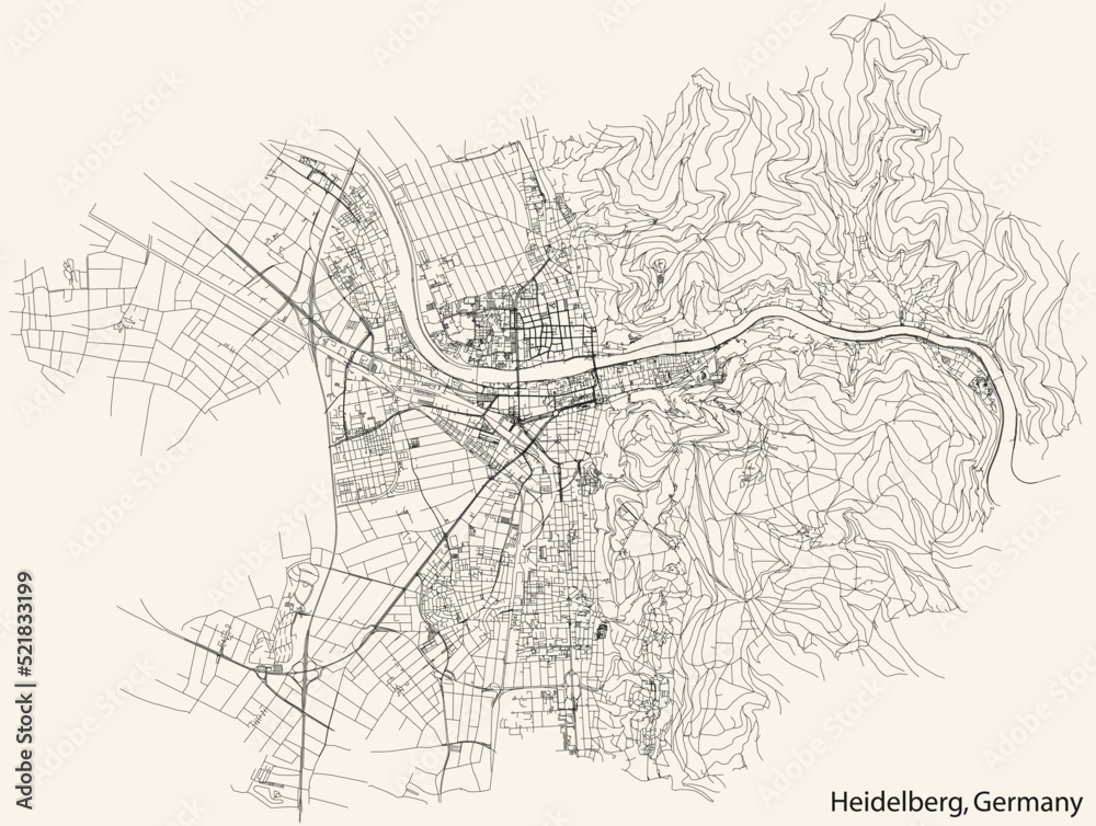 Detailed navigation black lines urban street roads map of the German regional capital city of HEIDELBERG, GERMANY on vintage beige background Detailed navigation black lines urban street roads map of the German regional capital city of HEIDELBERG, GERMANY on vintage beige background