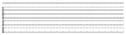 Various measurement scales with divisions. Realistic long scale for measuring length or height in centimeters, millimeters or inches. Ruler, tape measure marks, size indicators. Vector illustration photo