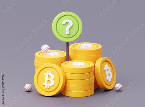 A stack of Bitcoin gold coins. With a question mark. Dark cartoon design.  3d rendering illustration. photo