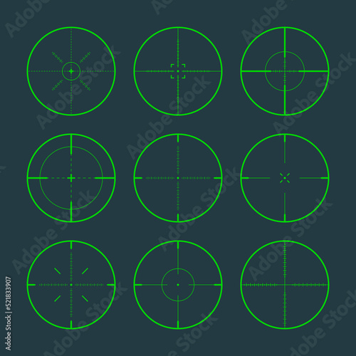 Various sniper rifle night sights, weapon optical scope crosshair. Hunting gun green viewfinder. Shooting mark symbol, aim. Military target sign. Game interface UI element. Vector illustration