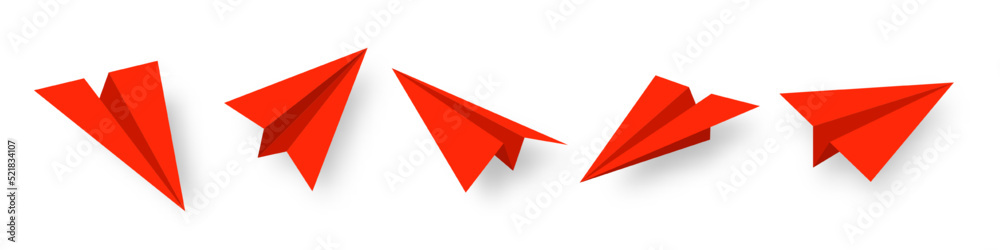 Realistic red paper planes collection. Handmade origami aircraft in flat style. Paper toy for a child. Business concept element, project startup and goal achievement. Vector illustration Realistic red paper planes collection. Handmade origami aircraft in flat style. Paper toy for a child. Business concept element, project startup and goal achievement. Vector illustration