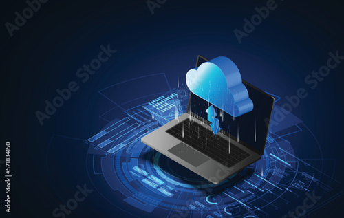 Cloud storage with laptop in isometric. Data center with data exchange for hosting or cloud service. App or Network with computing technologies. Saas, Networks, Softs, Programs. Vector banner