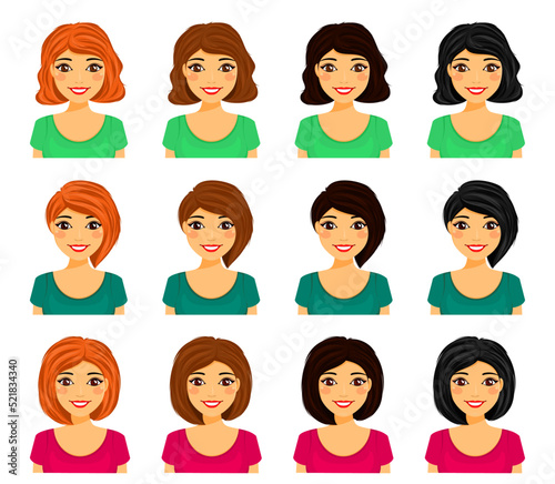 Set of cute young women with different hairstyles and different hair colors. Short hair, stylish haircuts. Flat style on a white background. Cartoon.