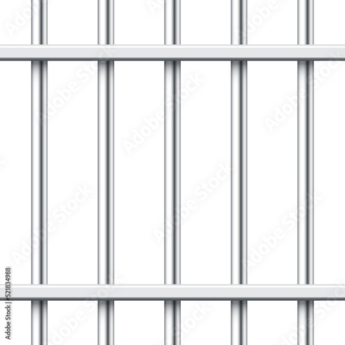 Realistic metal prison bars isolated on white background. Detailed jail cage  prison iron fence. Criminal background mockup. Creative vector illustration.