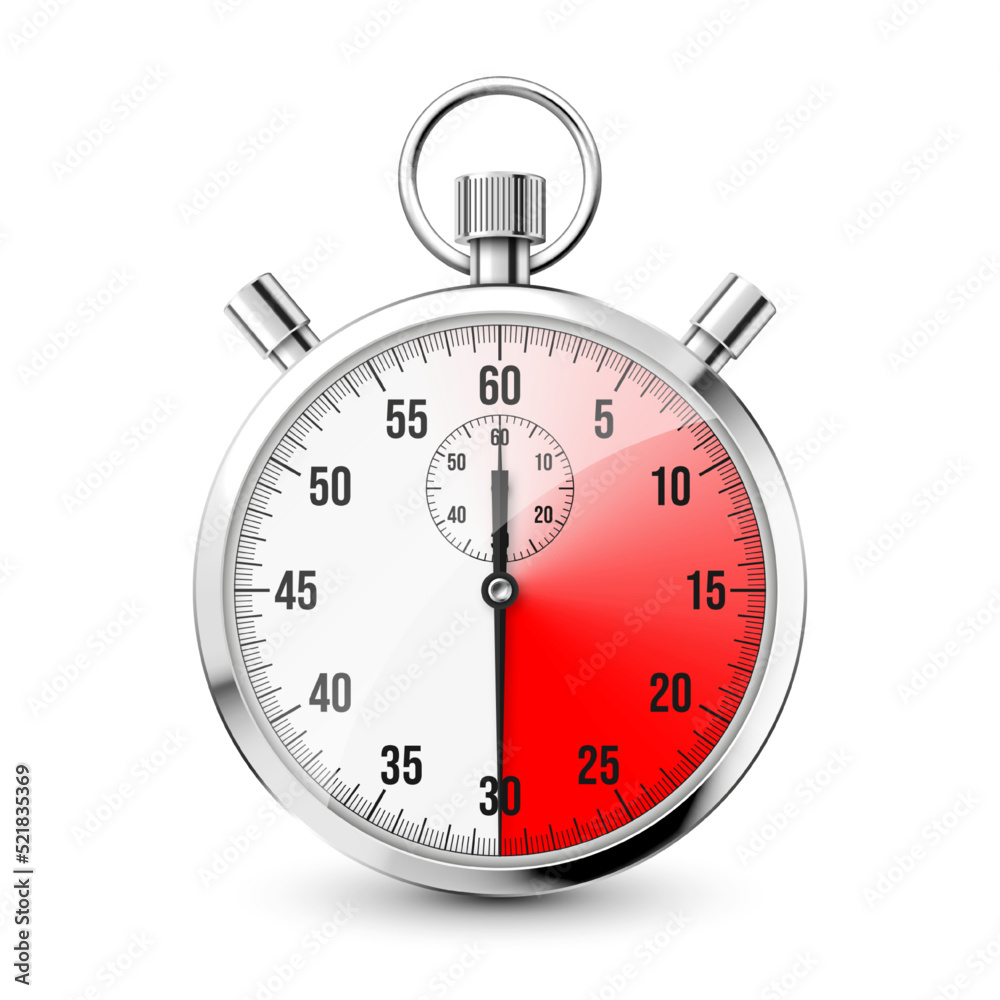 Realistic classic stopwatch icon. Shiny metal chronometer, time counter with dial. Red countdown timer showing minutes and seconds. Time measurement for sport, start and finish. Vector illustration Realistic classic stopwatch icon. Shiny metal chronometer, time counter with dial. Red countdown timer showing minutes and seconds. Time measurement for sport, start and finish. Vector illustration