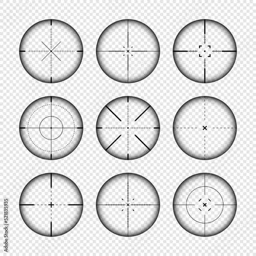 Photo Various weapon sights, sniper rifle optical scopes