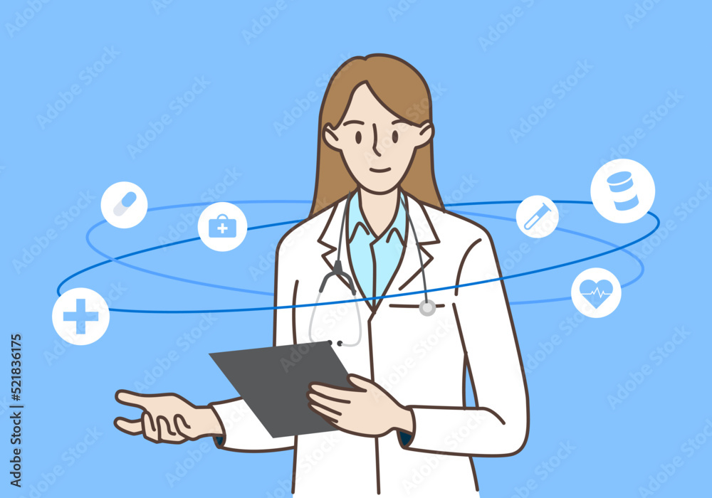 Female doctor with technology healthcare and medicine icons. Healthcare and medical concepts. Hand draw style. Vector illustration. Female doctor with technology healthcare and medicine icons. Healthcare and medical concepts. Hand draw style. Vector illustration.