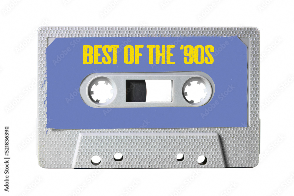 An old vintage cassette tape for easy storage of music and auido, isolated, with text on the label: best of the 90s.
