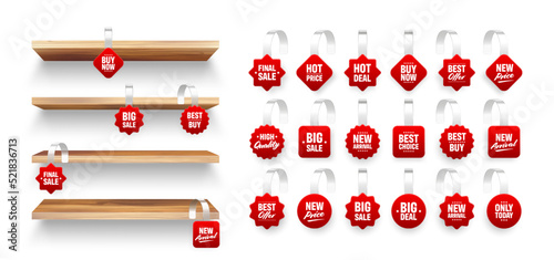 Wooden store shelves with supermarket promotional wobblers. Product shelf and advertising wobbler. Grocery wall rack. Sale or discount label, special offer price tag. Vector illustration