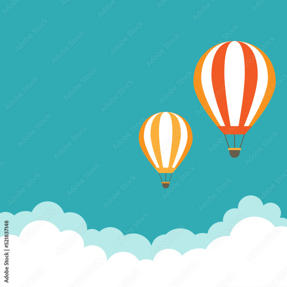 Orange hot air balloon flying in blue sky with clouds. Flat cartoon horizontal background.