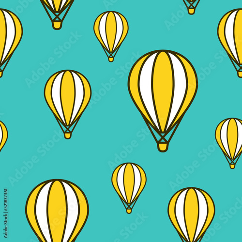 hot air baloons flying in the blue sky. Flat cartoon vector illustration.