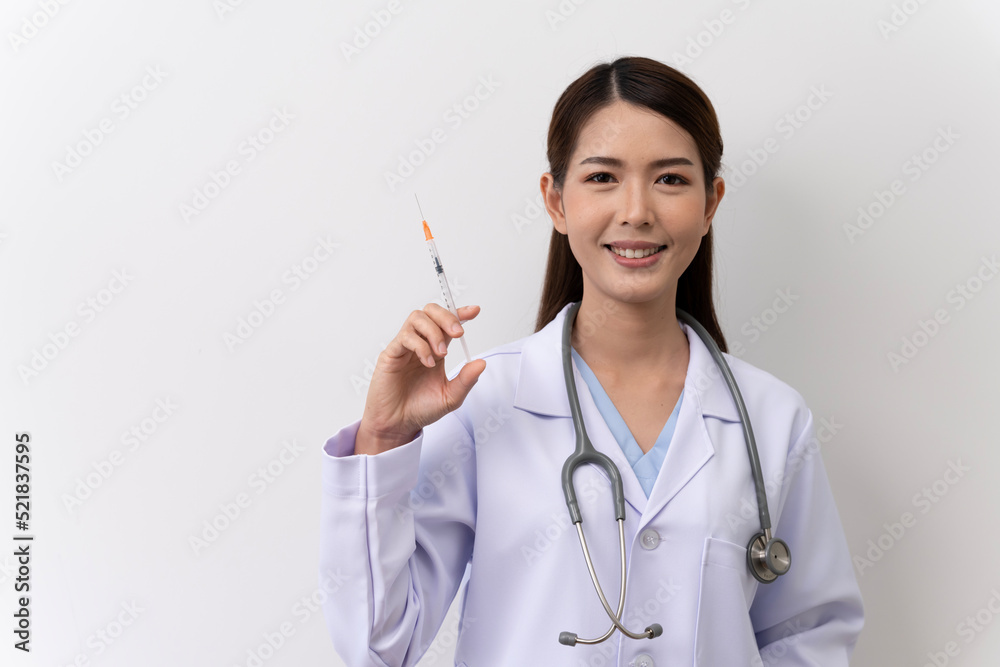 Asian female doctor wearing white medical uniform He hung a heart rate monitor around his neck. happy smile With confidence isolated against background Asian female doctor wearing white medical uniform He hung a heart rate monitor around his neck. happy smile With confidence isolated against background