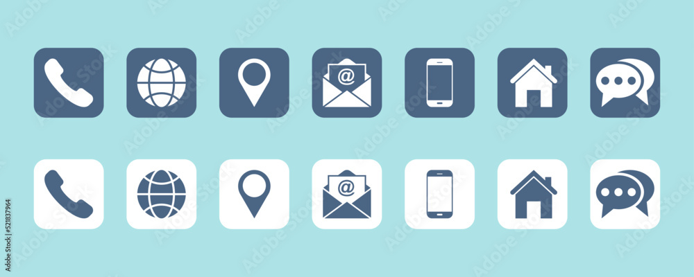 Set of contact us vector icons. Web communication icons : phone, site, location, email, mobile, home, chat. Vector 10 EPS. Set of contact us vector icons. Web communication icons : phone, site, location, email, mobile, home, chat. Vector 10 EPS.