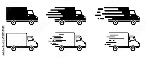 Set of fast delivery truck vector icons. Express delivery icons. Courier service. Speedy postal van. Vector 10 EPS.