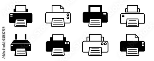 Set of printer vector icons. Print Out document. Printer and paper. Outline icon.