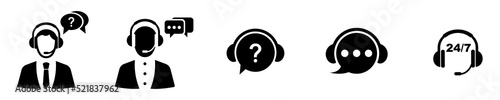 Set of call centre vector icons. Support service and headset. Office worker black silhouette. Operator face and speech.