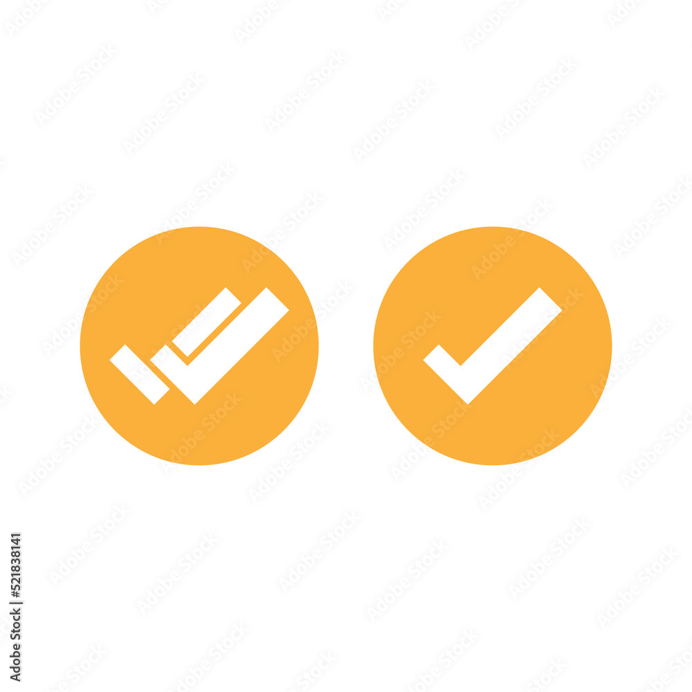 Valid Seal icons set. Orange circle with tick and double tick. Flat OK sticker icon. Isolated on white. Accept button. Good for web and software interfaces. Valid Seal icons set. Orange circle with tick and double tick. Flat OK sticker icon. Isolated on white. Accept button. Good for web and software interfaces.