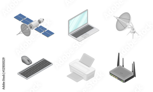 Wireless Network Communication Technology with Router, Laptop and Keyboard Isometric Vector Set