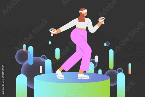 Metaverse entertainment. Flat vector illustration with woman wearing virtual reality glasses and VR headsets, interacting and exploring a virtual world. Concept of future innovations.
