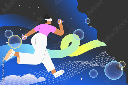 Metaverse entertainment. Flat vector illustration with woman wearing virtual reality glasses and VR headsets, interacting and creating a virtual world. Concept of future innovations.