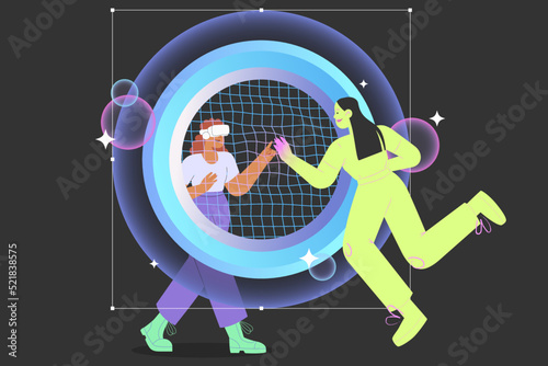 Metaverse entertainment. Flat vector illustration with woman wearing virtual reality glasses creating and interacting her digital avatar. Concept of future innovations.