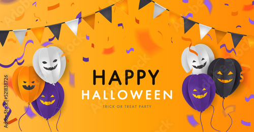 Happy Halloween banner design template with paper balloon pumpkins, emojis, wichiringa flags and coffetti. purple background