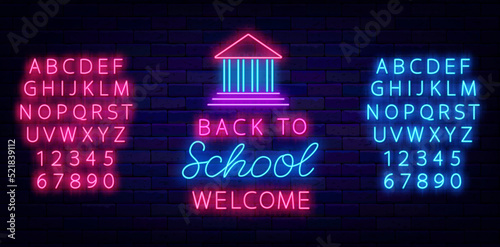 Back to school party neon signboard. Welcome bright sign. Academy building icon. Greeting card. Vector illustration