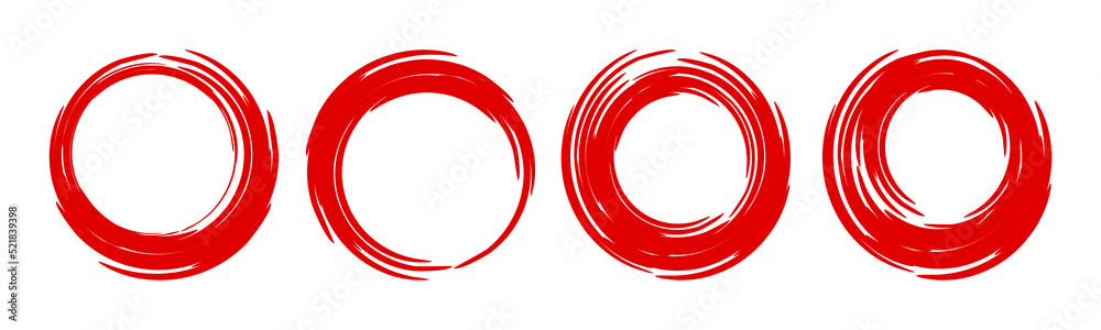 Set of grunge round frames red Paint Brush Stroke Circle Isolated Enso zen vector