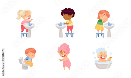 Little Kids Doing Bathroom and Toilet Procedure Washing Themselves Vector Set