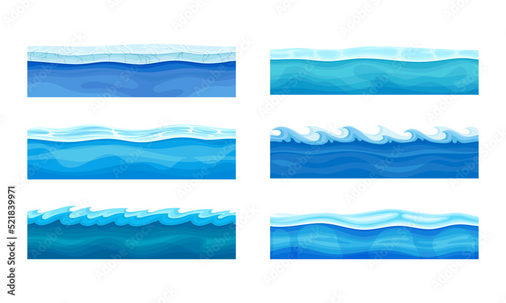 Blue Water Surface with Ice and Curved Waves Vector Set