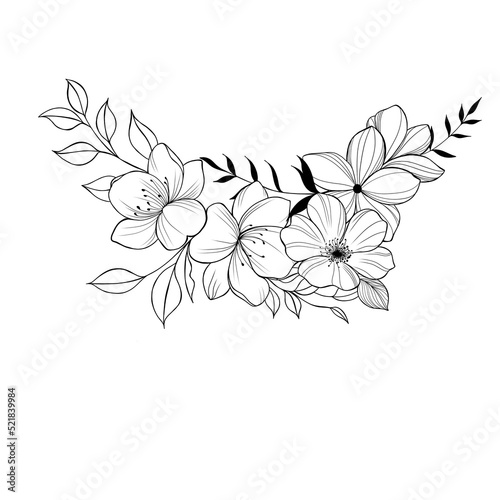 Beautiful sketch of a tattoo - a delicate twig with flowers . Flowers Periwin...