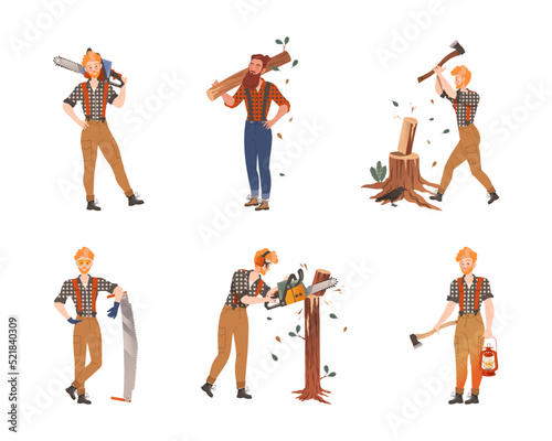 Bearded Woodman or Lumberman in Checkered Shirt and Sling Pants with Felling Ax Chopping and Sawing Wood Vector Set