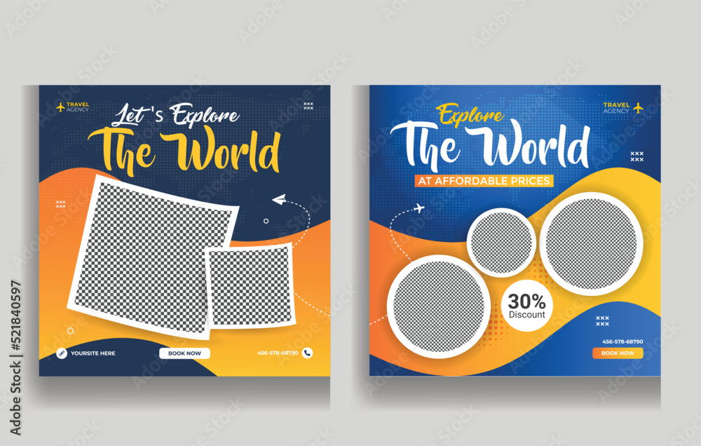 Set travel adventure social media template. travel promotion web banner with logo. Travel flyer template for travel agency