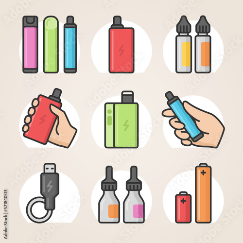 Vape pod line icons. Set of vector outline icons for vape shop or electronic cigarettes store. Pods, devices, liquids, batteries and accessories