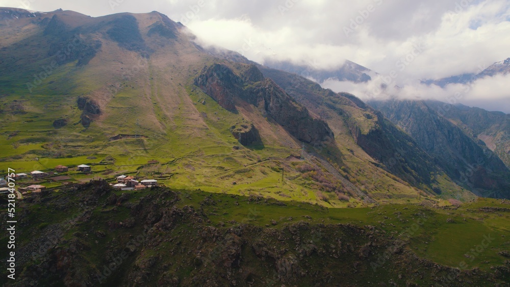 small settlement in the Caucasus mountains, Kazbegi, Georgia. High quality photo