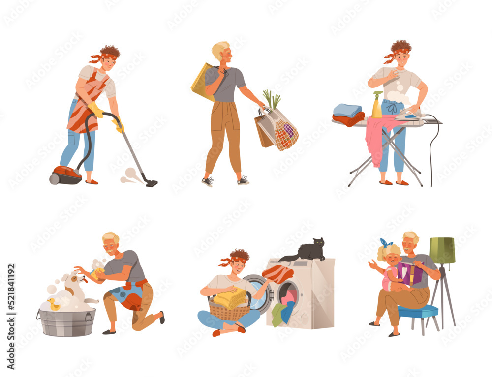 Man Doing Domestic Chores and Housekeeping Shopping and Vacuum Cleaning Vector Set Man Doing Domestic Chores and Housekeeping Shopping and Vacuum Cleaning Vector Set