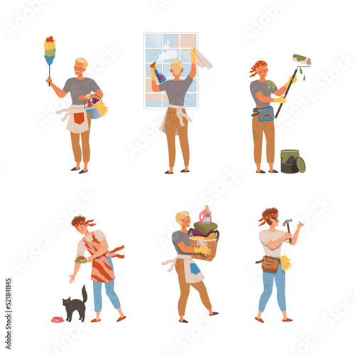 Man Doing Domestic Chores and Housekeeping Wiping Window and Dusting Vector Set