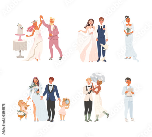 Affectionate Newlyweds Couples as Just Married Male and Female in Wedding Dress Dancing and Feeling in Love Vector Illustration Set