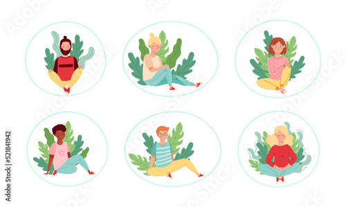 People Characters Sitting on the Ground with Floral Leaves Behind Vector Illustration Set