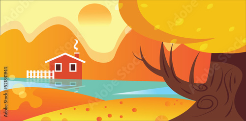 landscape with house ilustration background sunset