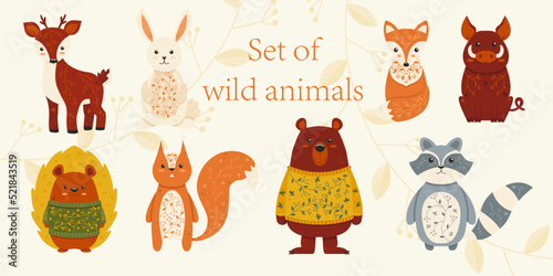 Set of Cute Wild Forest Animals in Autumn Colors