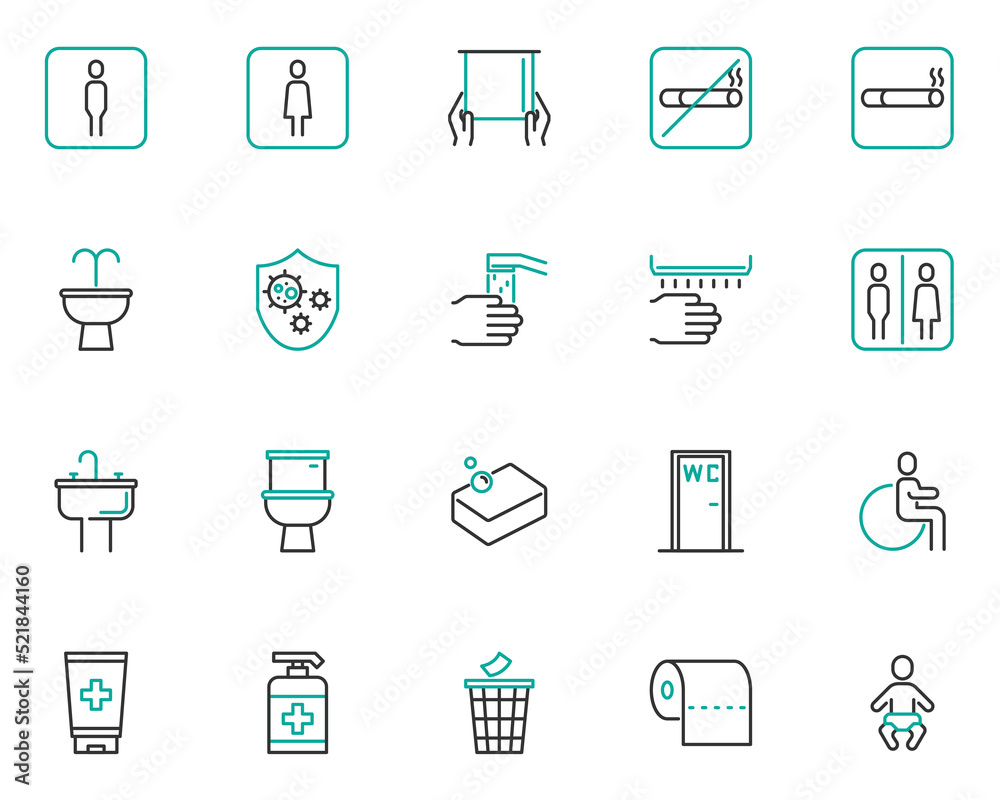 set of toilet line icons, bathroom, clean, hand washing set of toilet line icons, bathroom, clean, hand washing