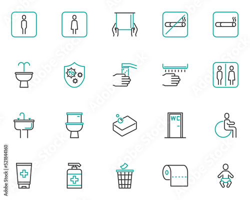 set of toilet line icons, bathroom, clean, hand washing