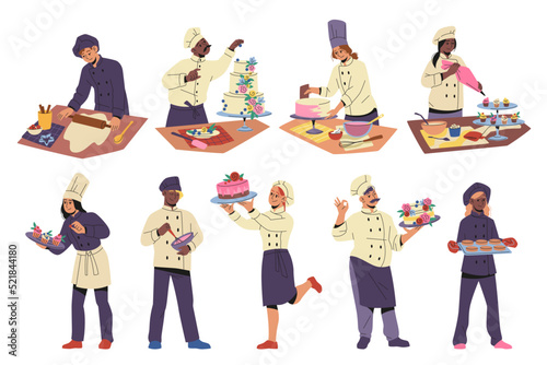 Confectioner characters. Professional chefs and confectioners, people in uniform with baking accessories, men and women make cakes, tasty pastries and cookies, tidy vector cartoon flat set