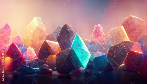 Realistic colorful shiny glowing magic crystals abstract background. Luxury wallpaper. Digital art.