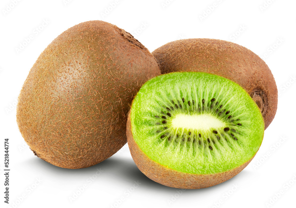 Ripe kiwi fruit and kiwi halves isolated on white background. Ripe kiwi fruit and kiwi halves isolated on white background.